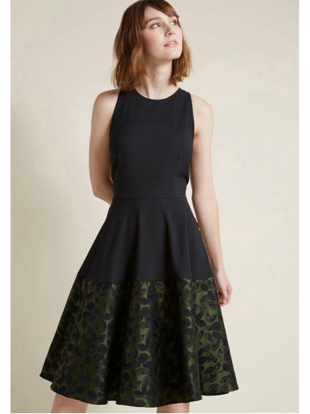 Hutch Anthropologie Black Green Floral Jacquard Skirt Fit & Flare Dress Size 12